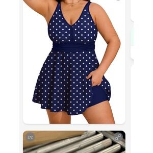 Arolina Womens Plus Size Swim Dress Polka Dot Blue 2 Piece Bathing Suit Set 20W